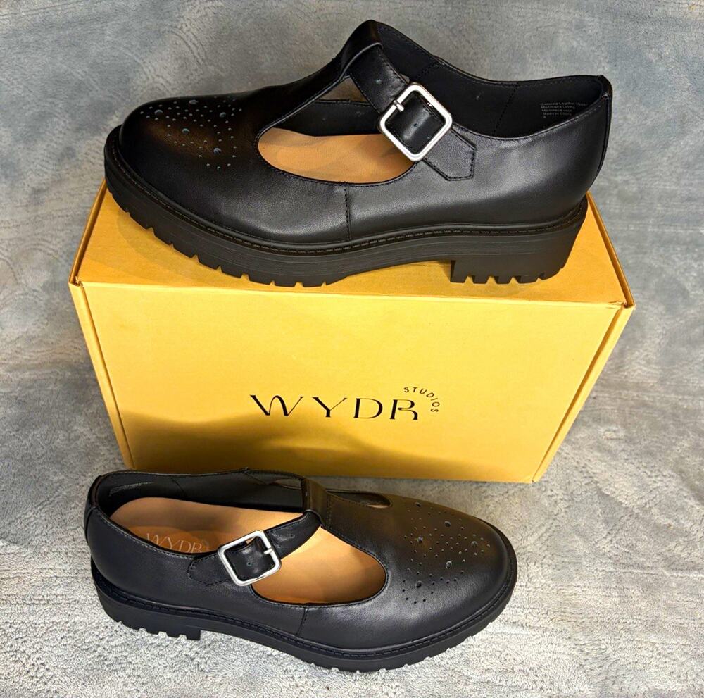 WYDR Studio Black T-Strap Mary Jane Flats Lug Sole Round Toe US 8 WW EU 39